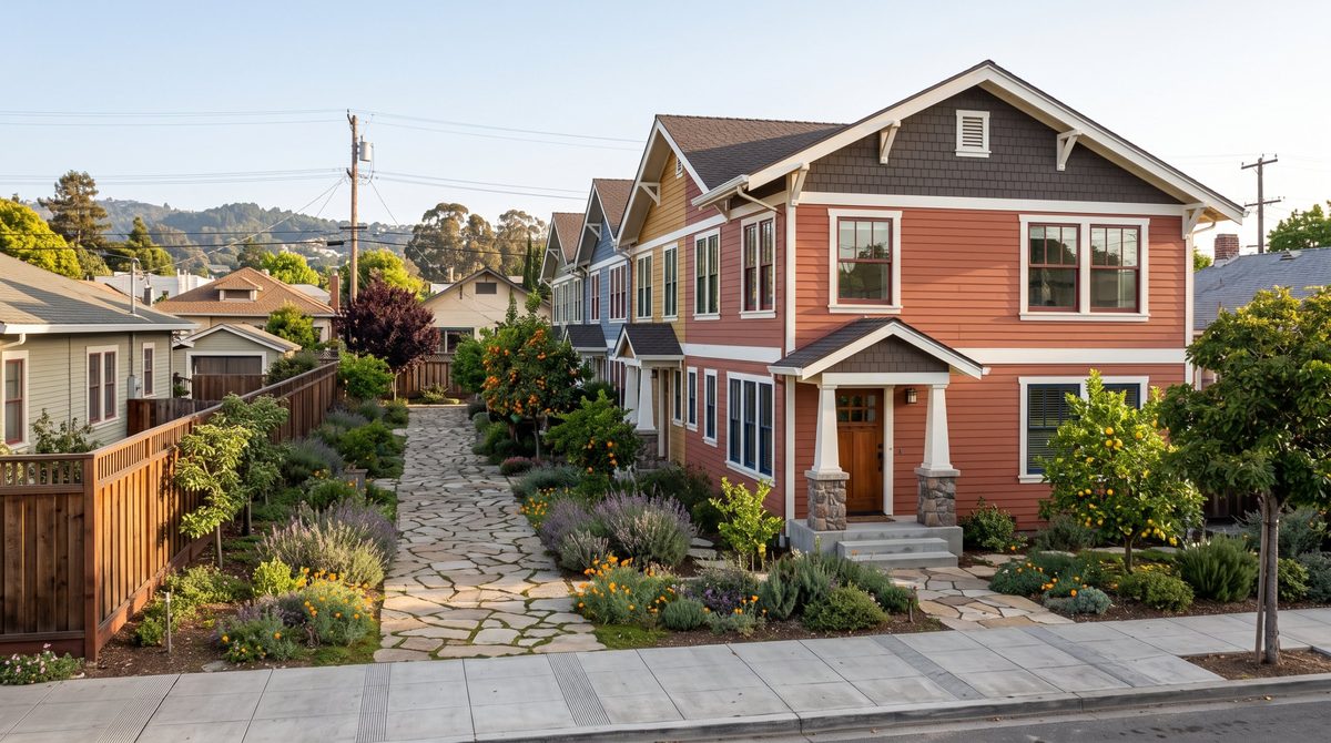 Concept rendering of a row of craftsman-style townhomes in terracotta, mustard, and blue behind a flagstone path and a drought-tolerant garden.