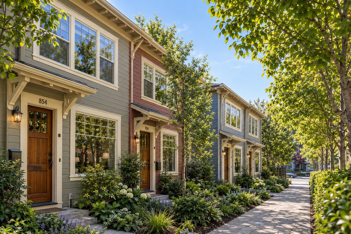 Concept rendering of townhomes with wood front doors and small front gardens along a shaded sidewalk.